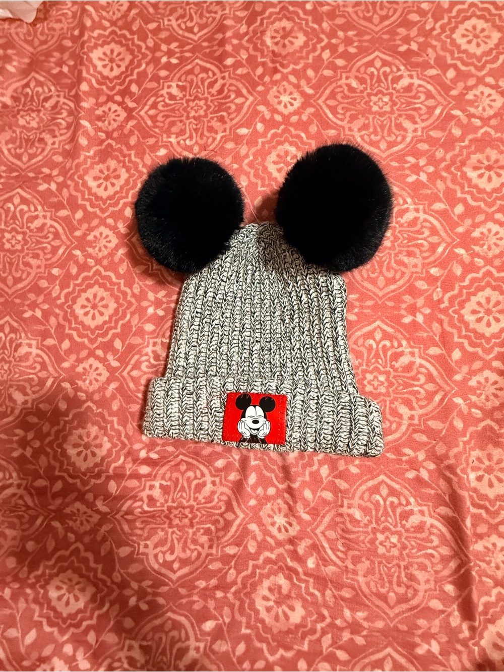 Gray Knit Pom-Pom Beanie with Mickey Character Patch